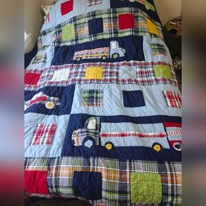 Pottery Barn Kids 68 X 84" Twin Quilt Funny Cars Applique Madras Plaid EUC